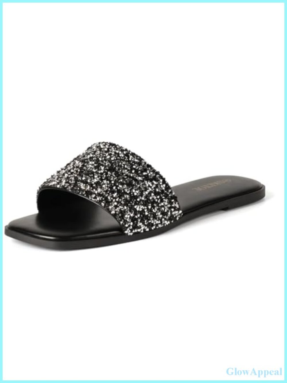 Rhinestone Slide Sandals Square Open Toe Faux Leather Slip On Summer Flats